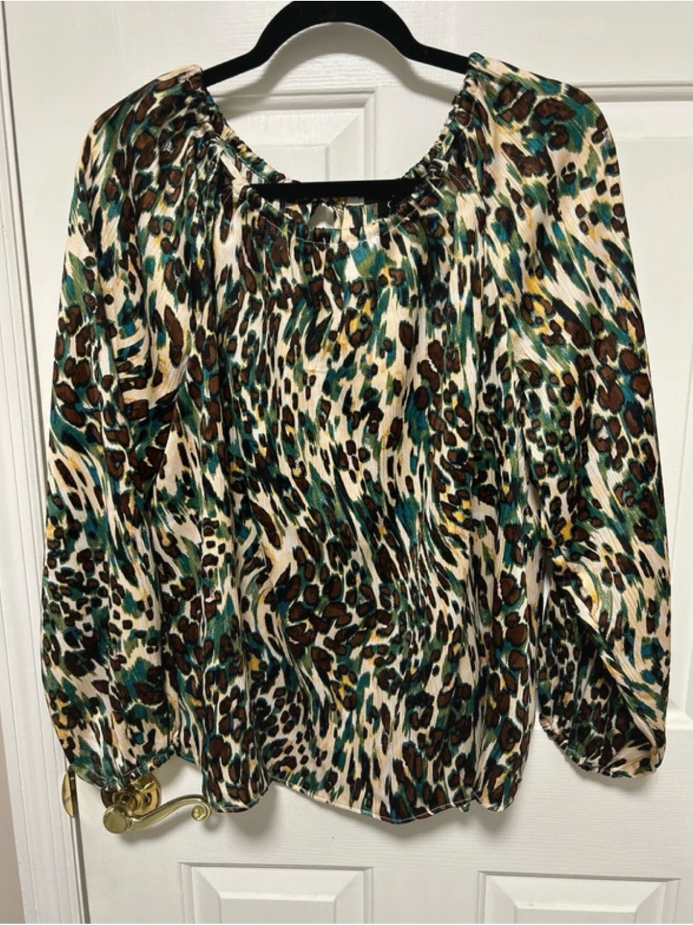 Jessica Simpson Teal, Brown and Cream Animal Print Peasant Blouse